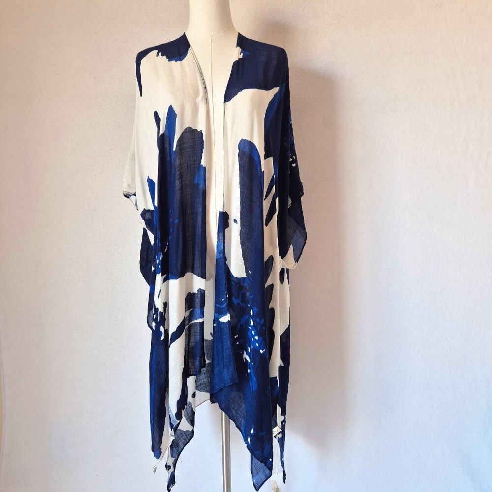 NWT Macchia Di Ruggine Kimono Cover Up Wrap Shawl Viscose Navy White One Size